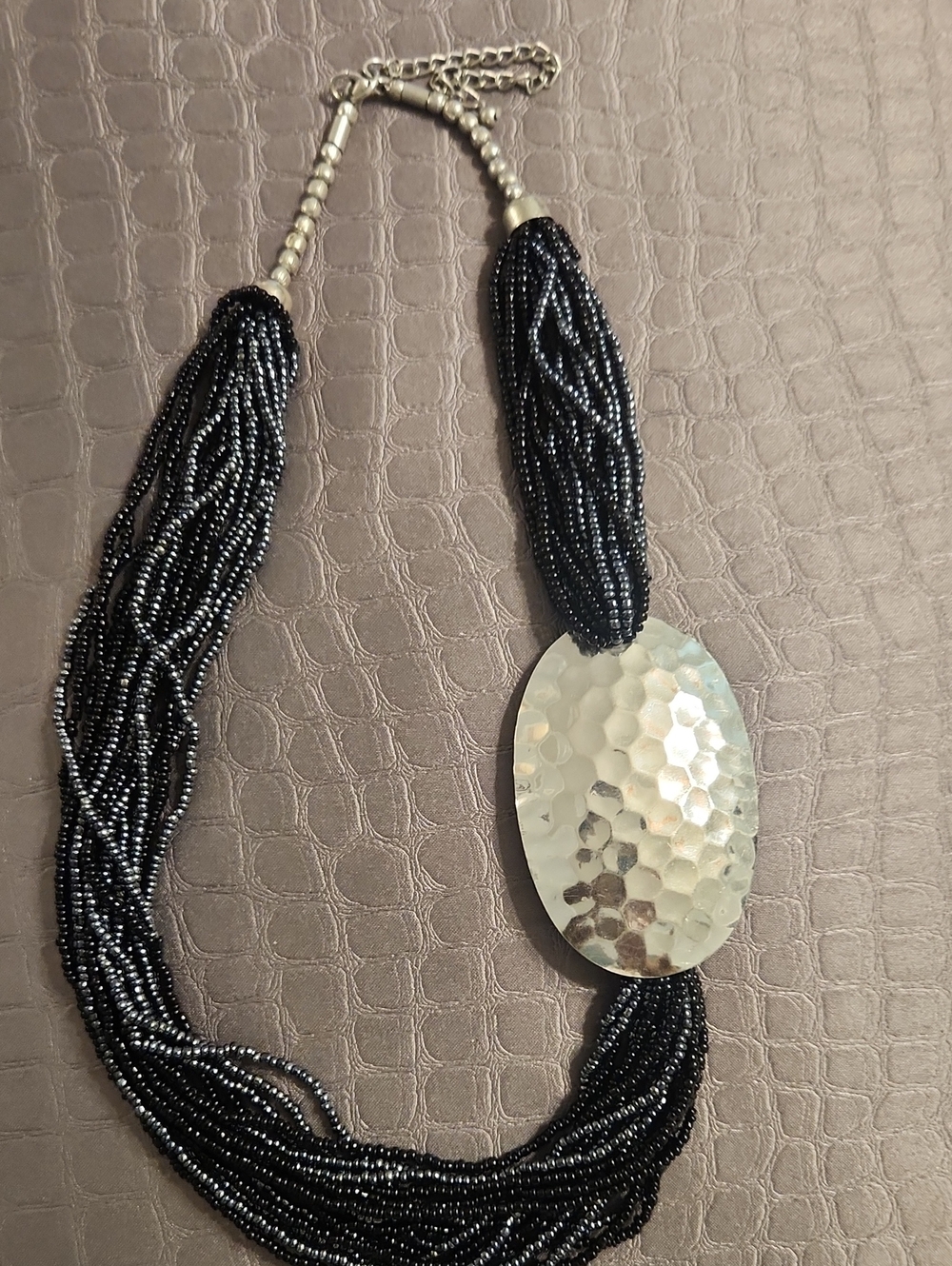 Statement Black Beaded Necklace with Hammered Silver Accent